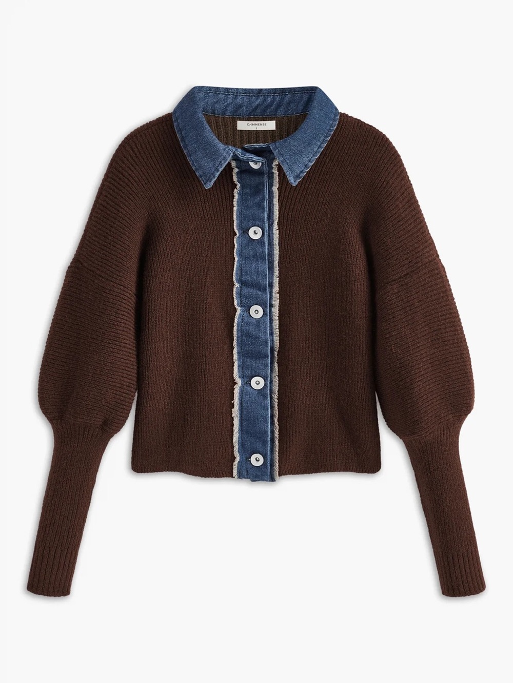 Commence Denim-Trim Brown Knit Button-Up Sweater Ballon Sleeves NWT Med